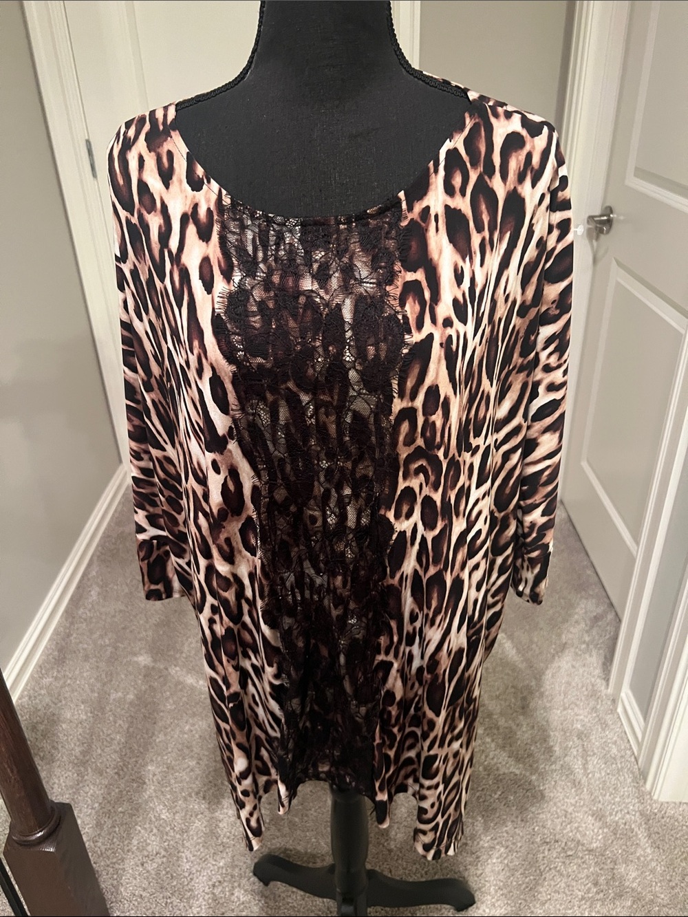Chico's Leopard-Print Tunic with Black Lace Front - Brown, Black & Cream